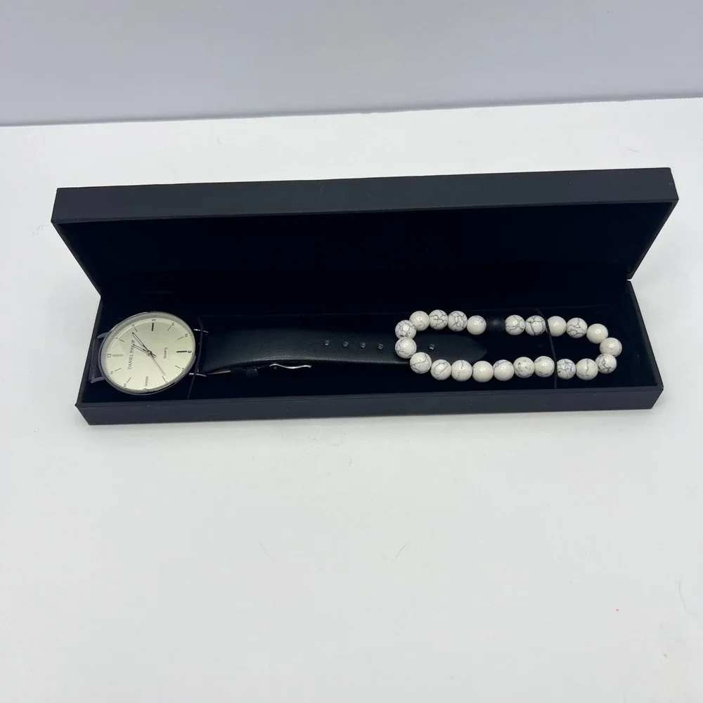 Daniel Philip Black Quartz Watch Mens Leather Band Howlite Bracelet Gift Set
